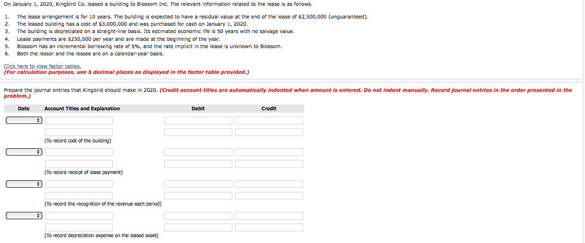 Solved On January 1, 2020, Kingbird Co. leased a building to