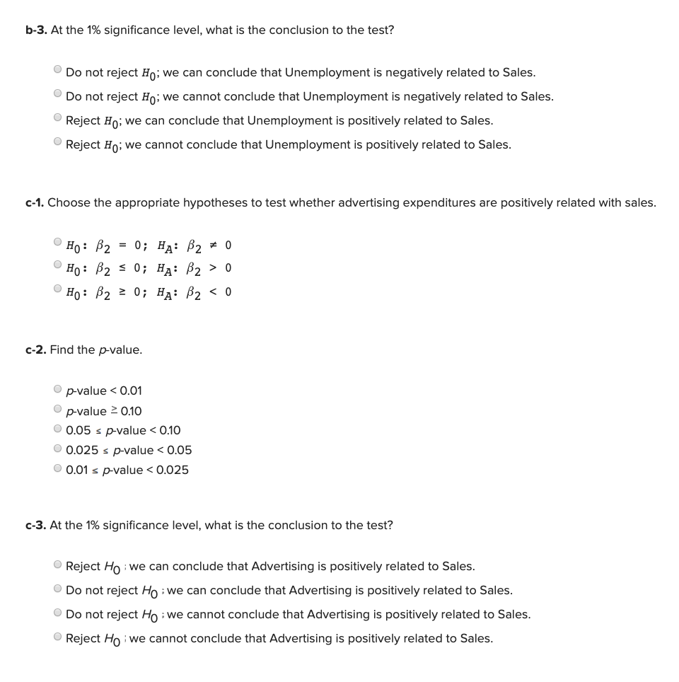 b-3. at the 1% significance level, what is the conclusion to the test? do not reject ho; we can conclude that unemployment is