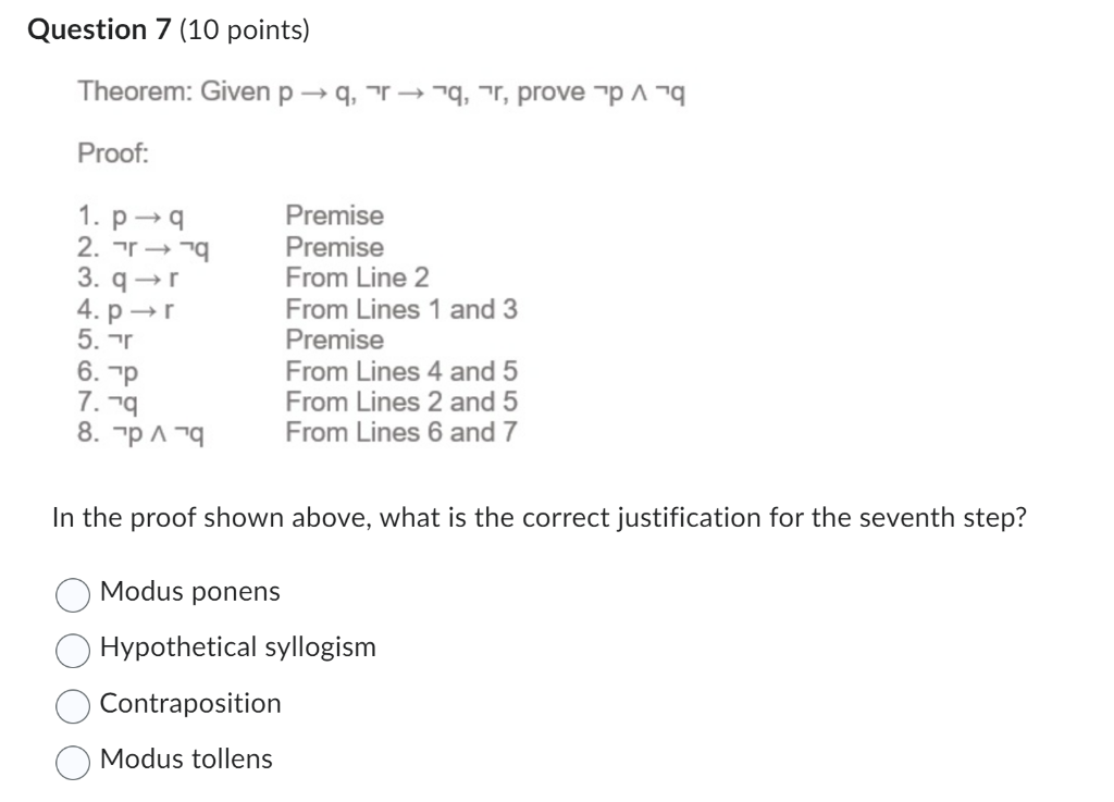 Solved Theorem Given P→q ¬r→¬q ¬ Prove ¬p∧¬q Proof In