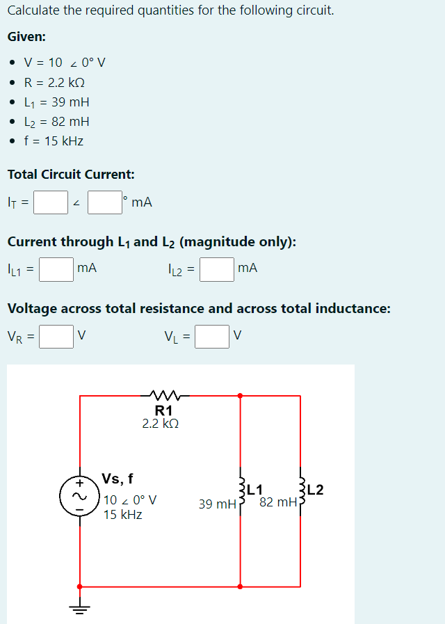 Calculate the required quantities for the following circuit.
Given:
- \( \mathrm{V}=10<0^{\circ} \mathrm{V} \)
- \( \mathrm{R
