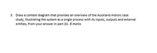 3. Draw a context diagram that provides an overview of the Auckland motors case study, illustrating the system as a single pr