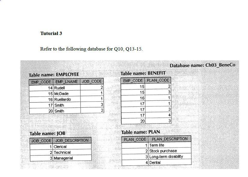 Solved Tutorial 3 Refer to the following database for Q10, | Chegg.com