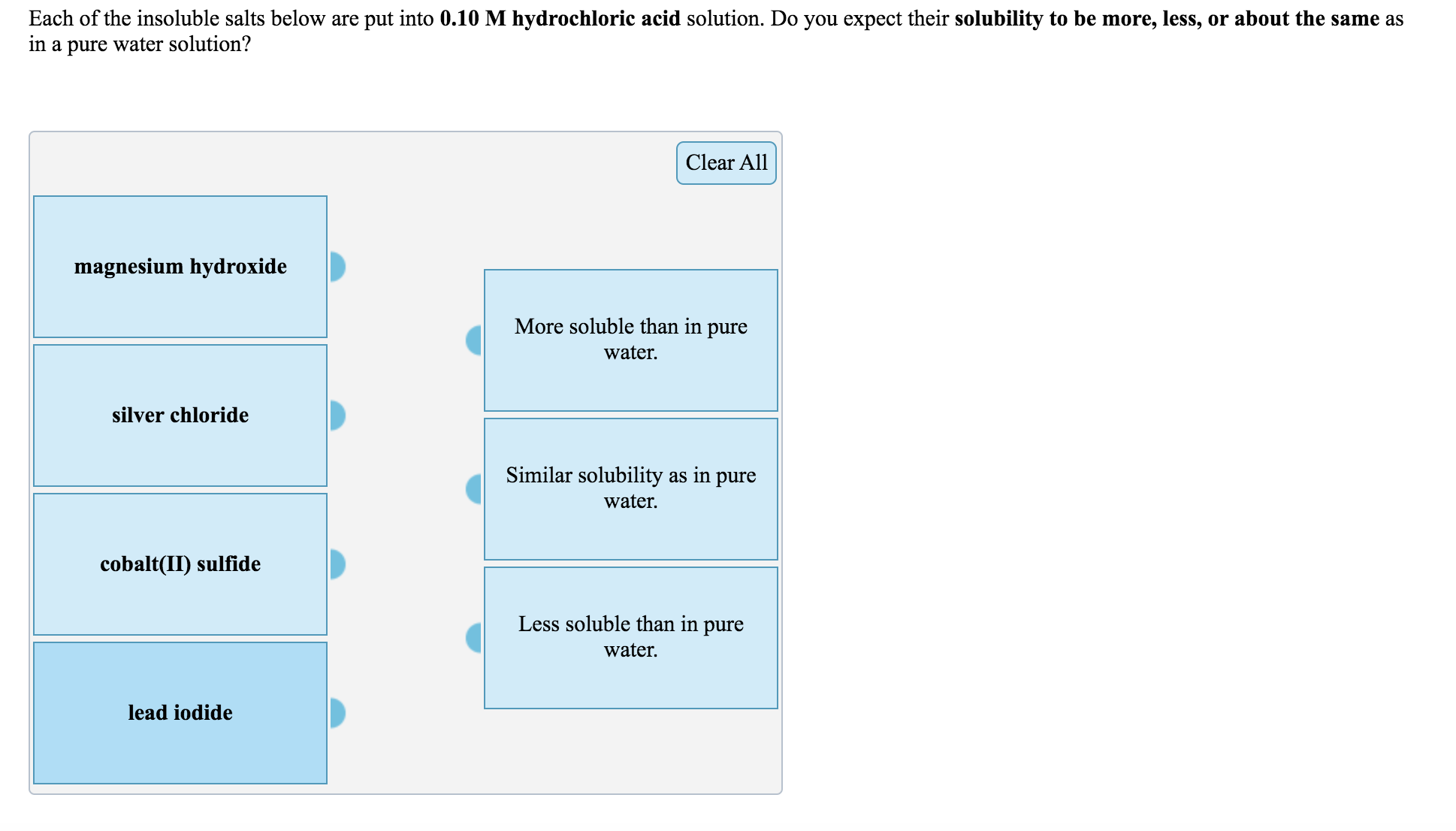 Solved Each of the insoluble salts below are put into 0.10 M