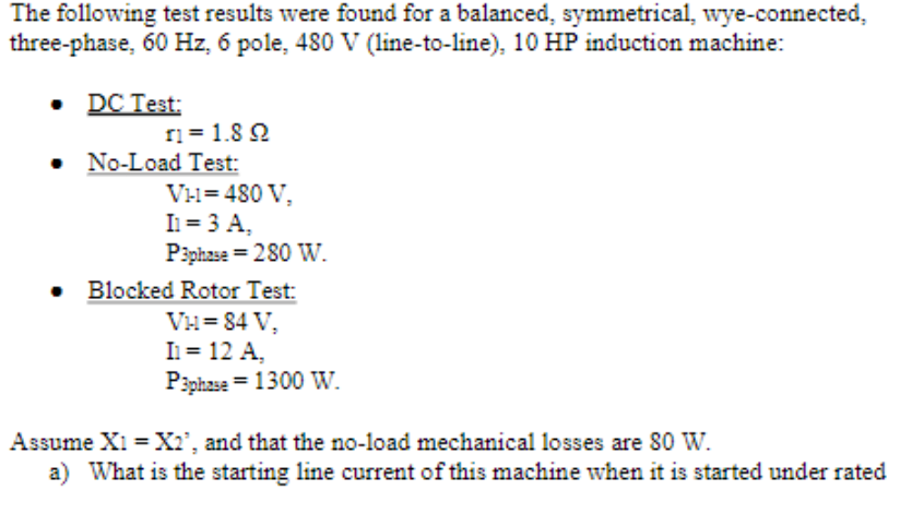 Solved The following test results were found for a balanced, | Chegg.com