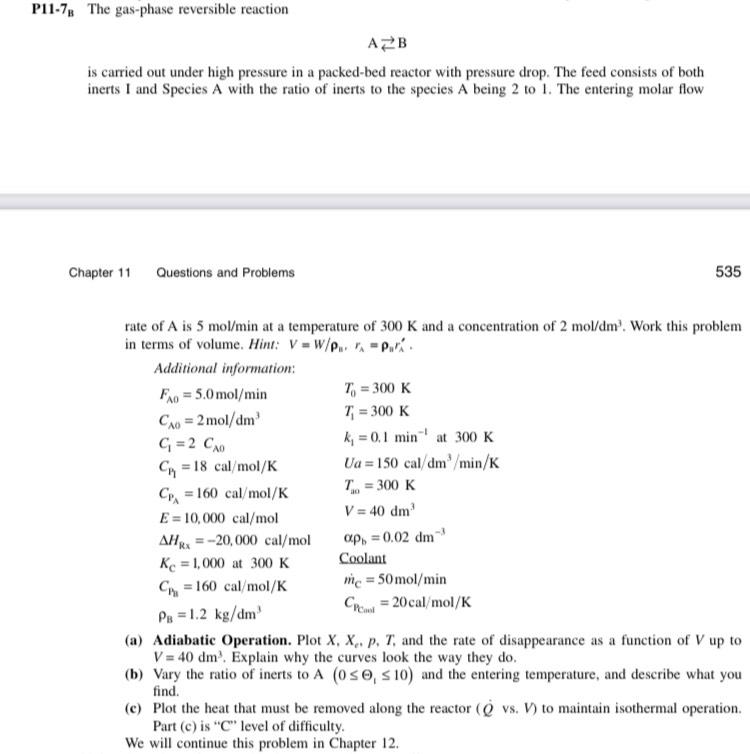 Solved P11-7. The gas-phase reversible reaction AZB is | Chegg.com