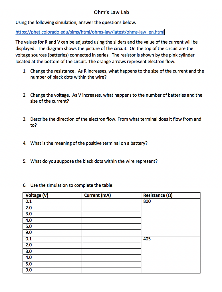 Phet Ohm S Law Worksheet Answers - worksheet