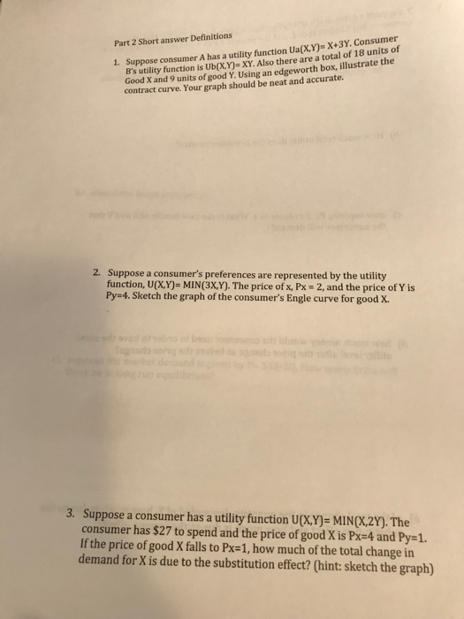 Utility Function Worksheet Answer Key Solved Part 2 Short answer Definitions B's utility function | Chegg.com