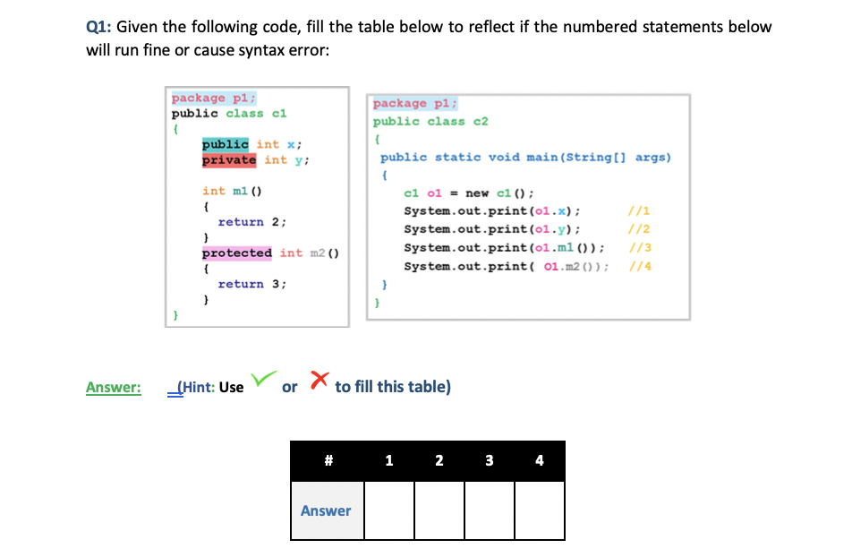 Solved Q1: Given the following code, fill the table below to | Chegg.com