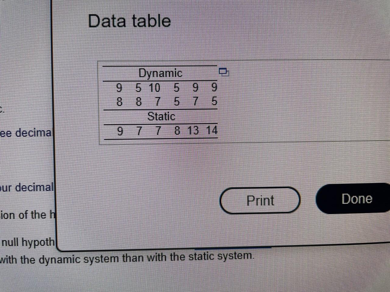 Solved Data table Dynamic 5 10 5 9 9 8 8 7 7 5 Static 9 8 13 | Chegg.com