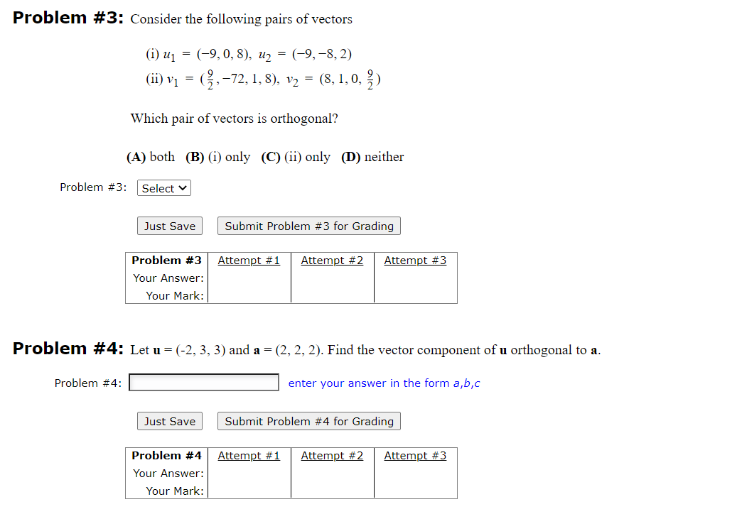 Solved Problem #3: Consider the following pairs of vectors | Chegg.com