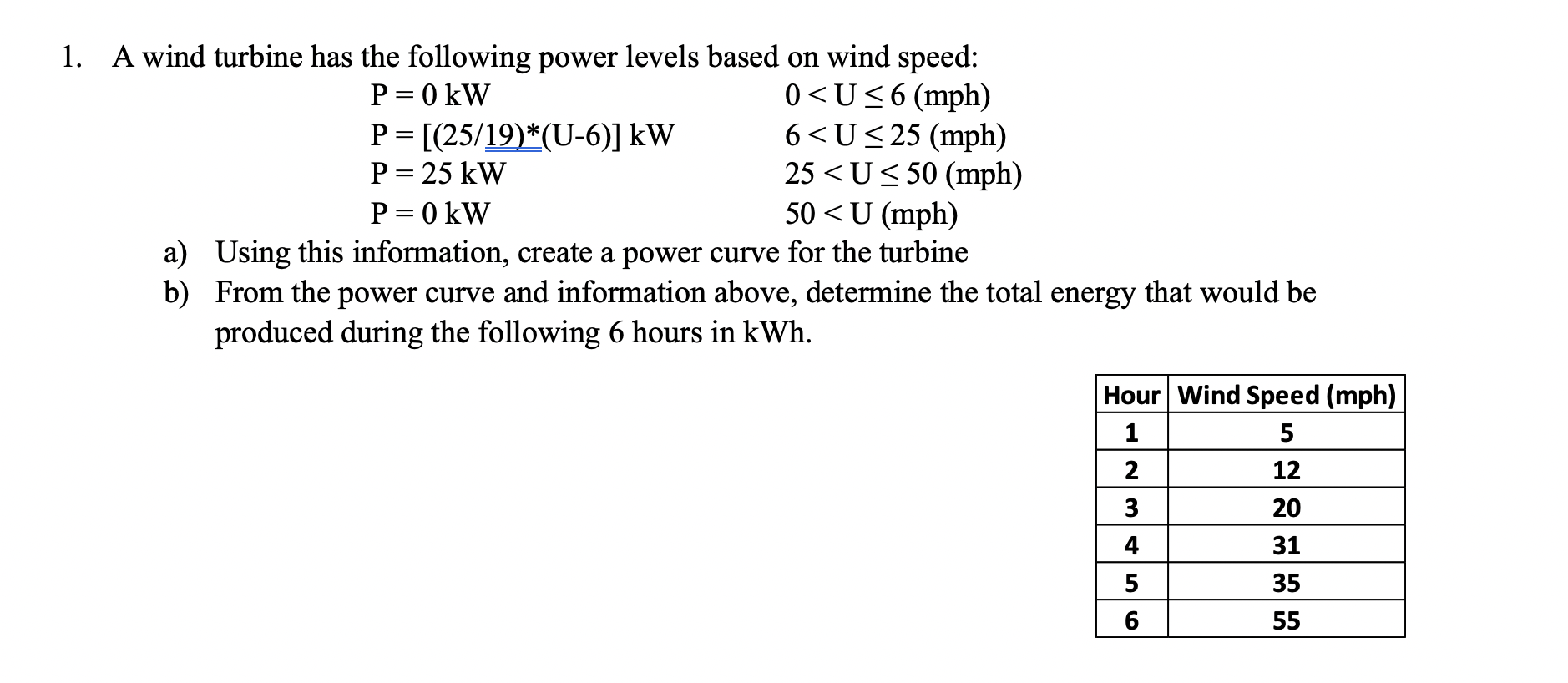 Solved 1. A wind turbine has the following power levels | Chegg.com