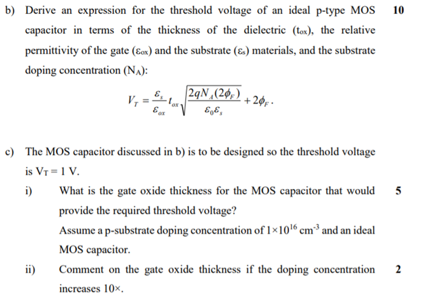 Solved 10 B) Derive An Expression For The Threshold Voltage | Chegg.com