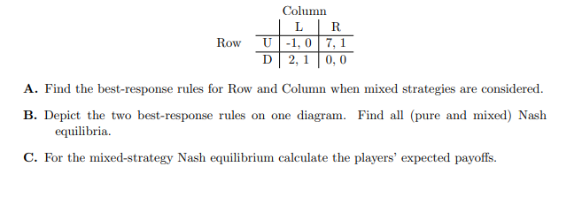 Solved A. Find the best response rules for Row and Column Chegg