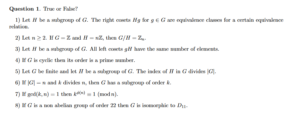 Solved 1) Let H Be A Subgroup Of G. The Right Cosets Hg For | Chegg.com