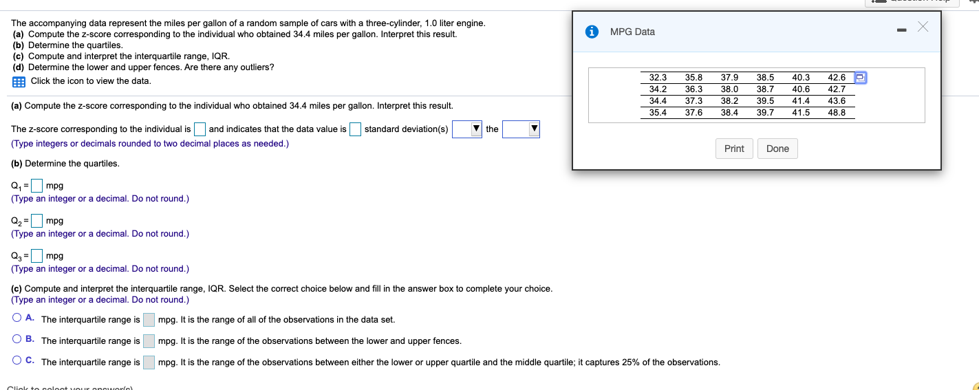 Solved MPG Data The accompanying data represent the miles | Chegg.com