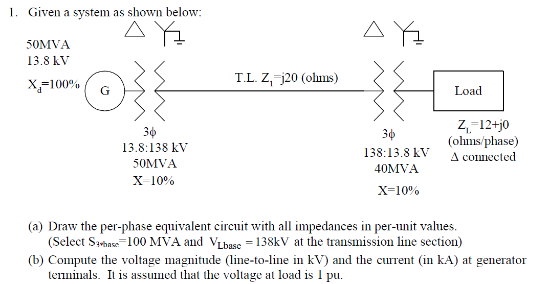 Solved 1. Given a system as shown below: AX 50MVA 13.8 kV | Chegg.com