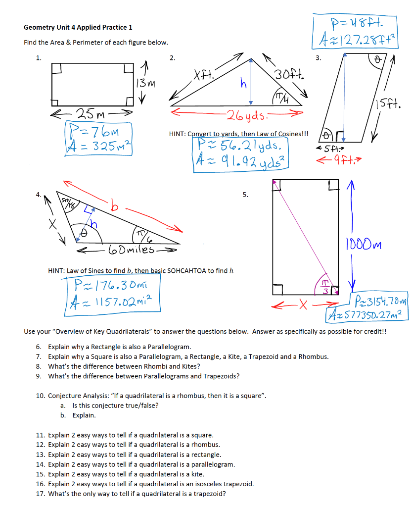 Solved Geometry Unit 4 Applied Practice 1 P=48ft. A127.28+? | Chegg.com