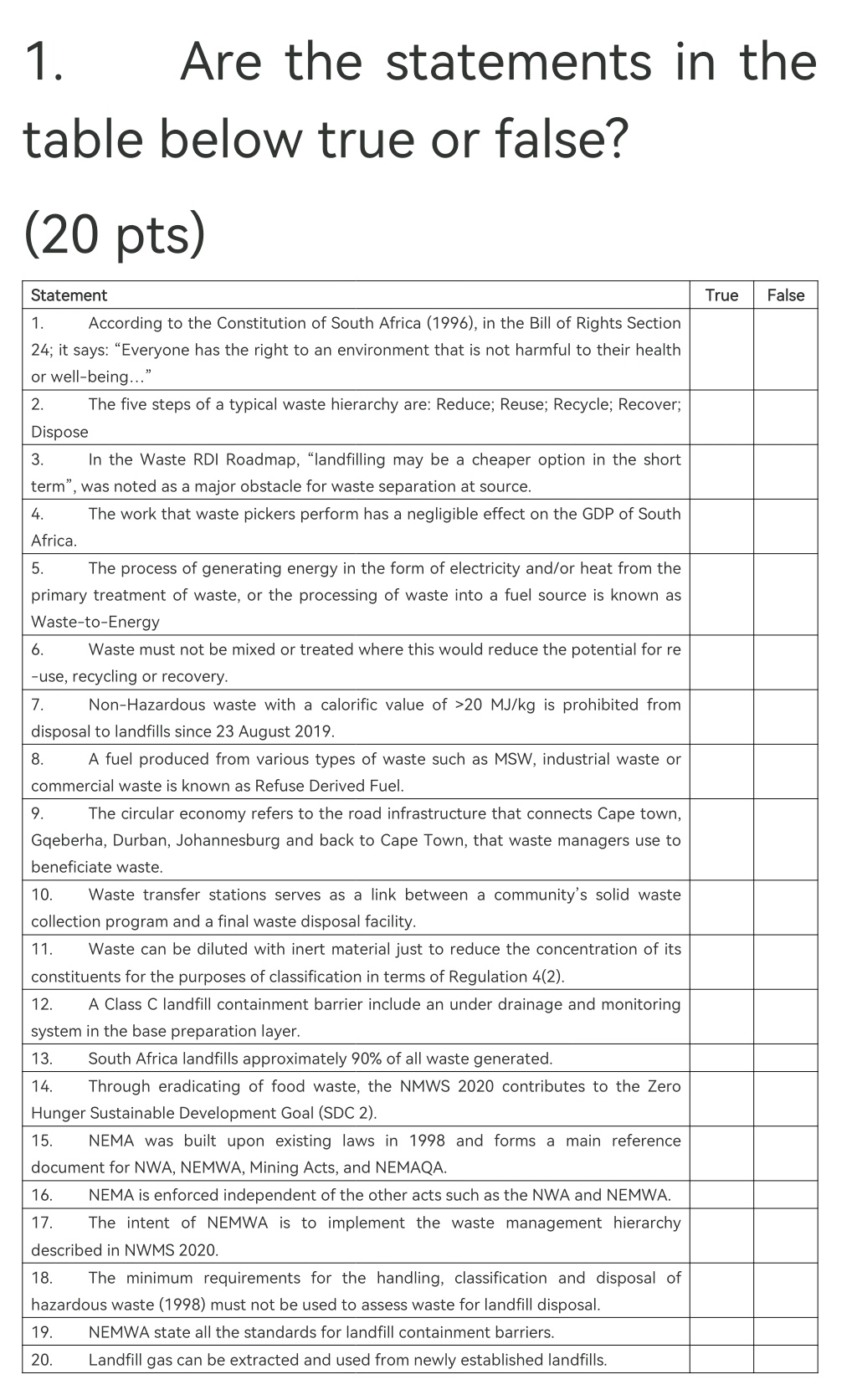 Solved 1. Are the statements in the table below true or | Chegg.com