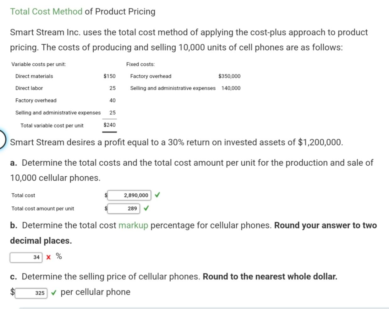 Solved Total Cost Method of Product Pricing Smart Stream