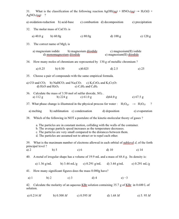 Solved Chemistry 12 Review for Chemist 12l Exit Exam: try | Chegg.com