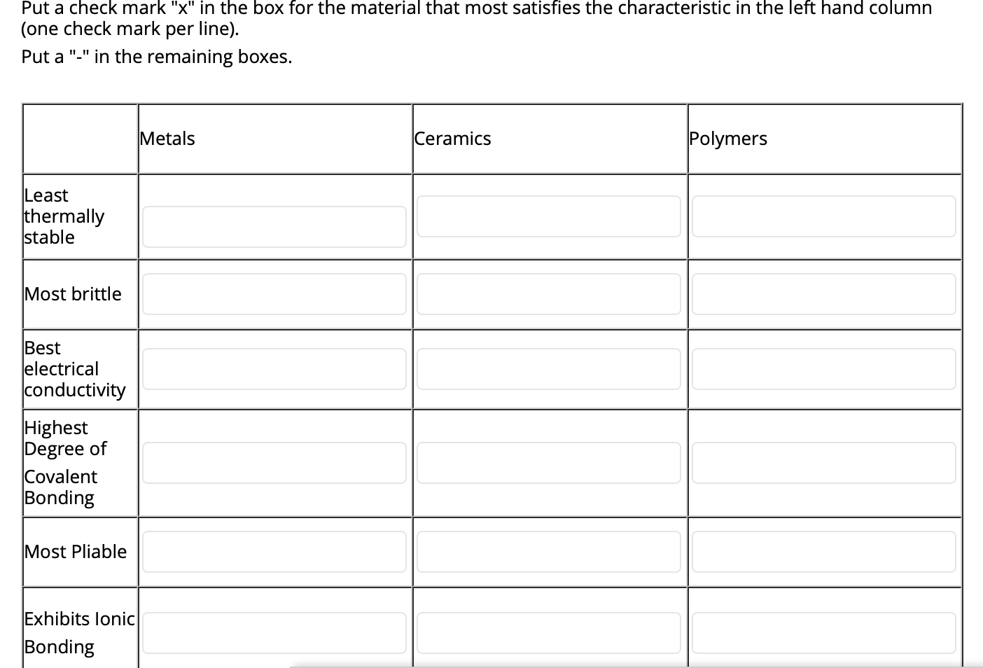 Solved Put a check mark "x" in the box for the material that