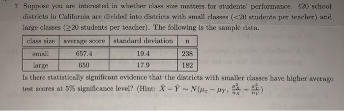 Solved 7. Suppose you are interested in whether class size | Chegg.com