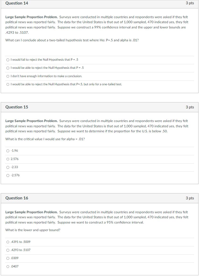 Solved Large Sample Proportion Problem. Surveys were | Chegg.com