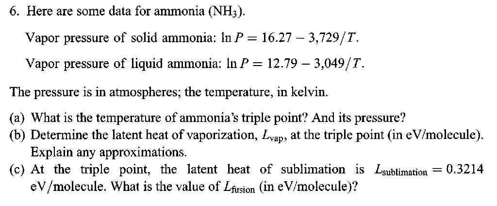 Solved 6. Here are some data for ammonia (NH3). Vapor | Chegg.com