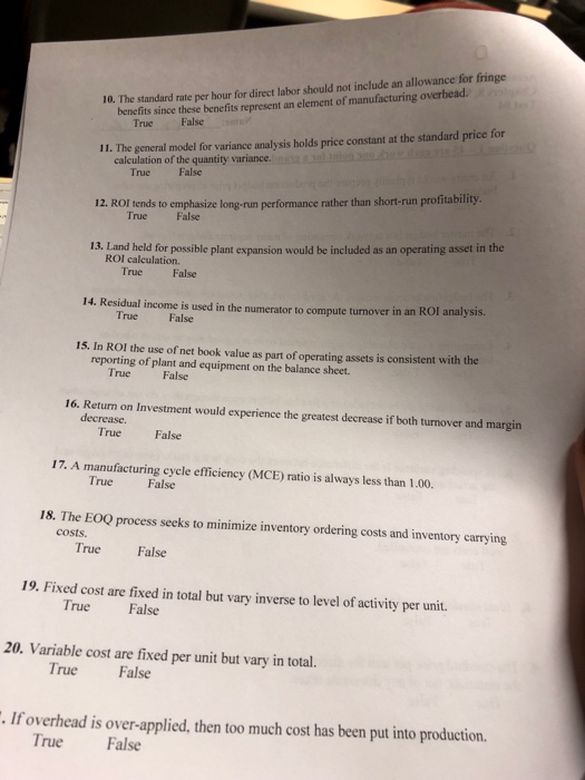 Solved 10. The standard rate per hour for direct labor