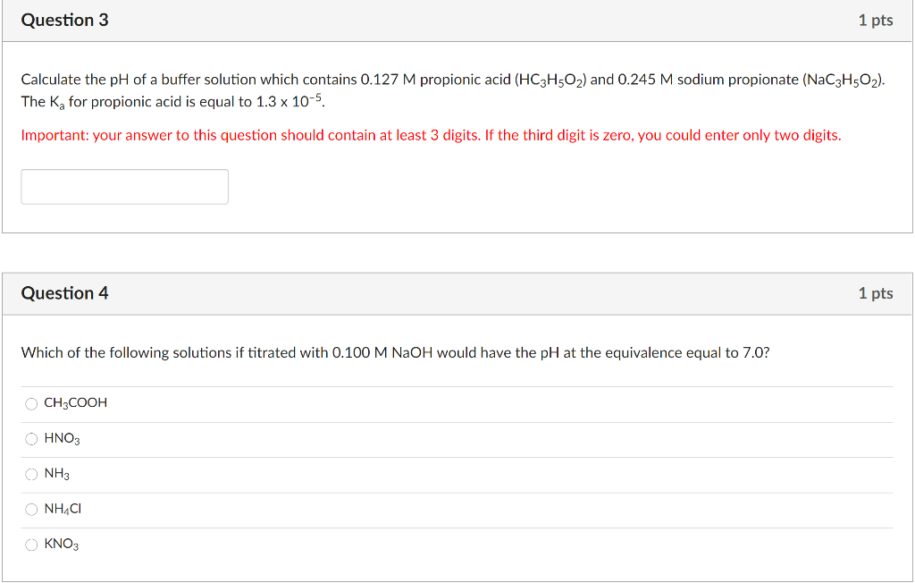 Solved Question 3 1 pts Calculate the pH of a buffer | Chegg.com