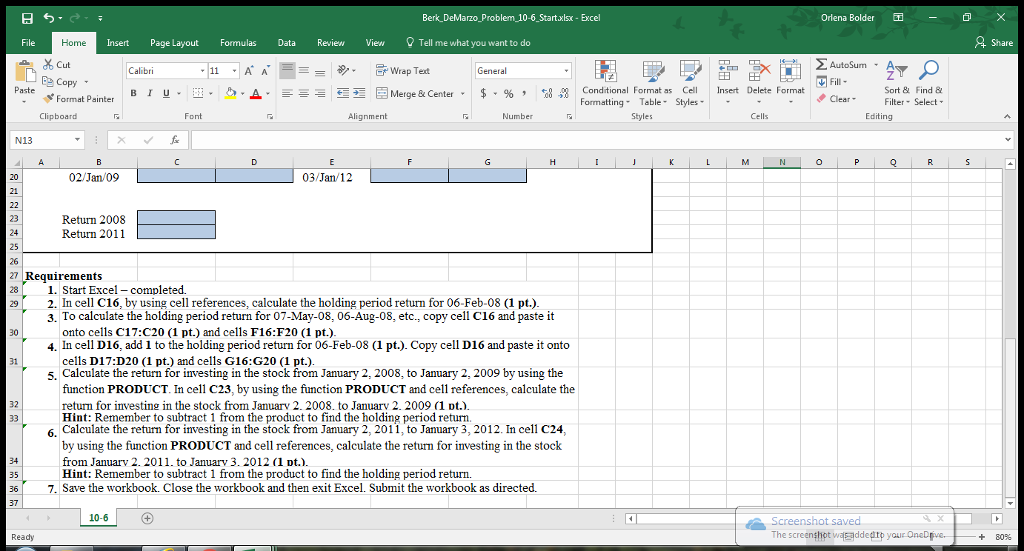 Solved Berk DeMarzo_Problem_10-6 Start.xlsx- Excel Orlena | Chegg.com