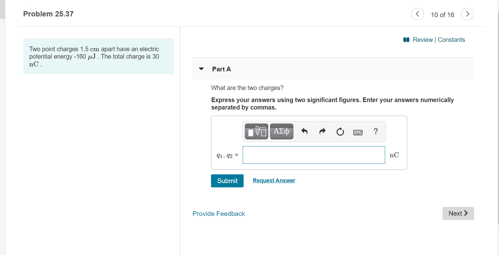 Solved Problem 25.37 10 of 16 > n Review Constants Two point | Chegg.com