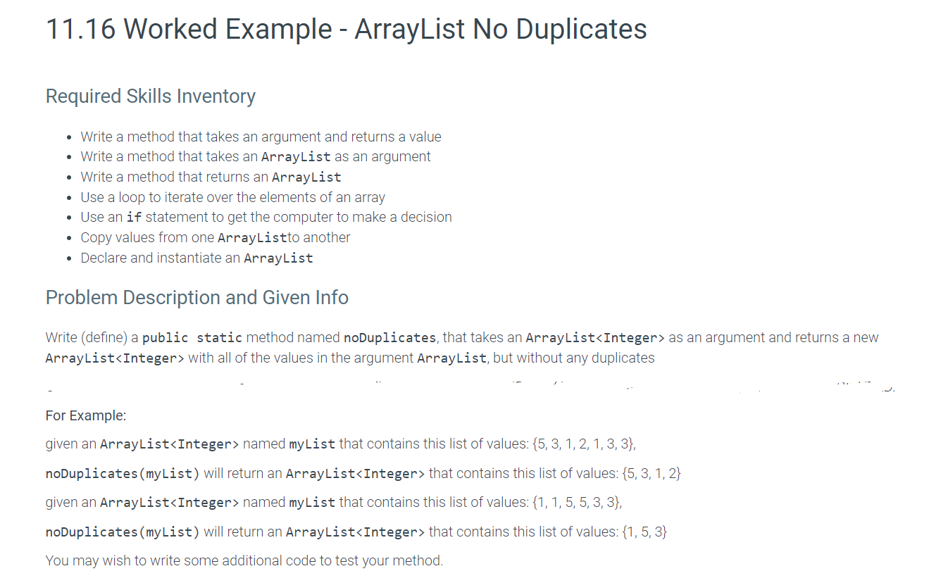 Solved 11.16 Worked Example - ArrayList No Duplicates - | Chegg.com