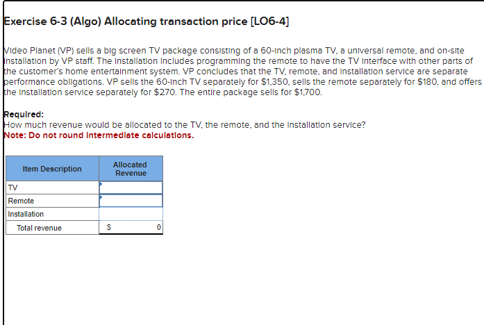 Solved Exercise 6-3 (Algo) Allocating Transaction Price | Chegg.com