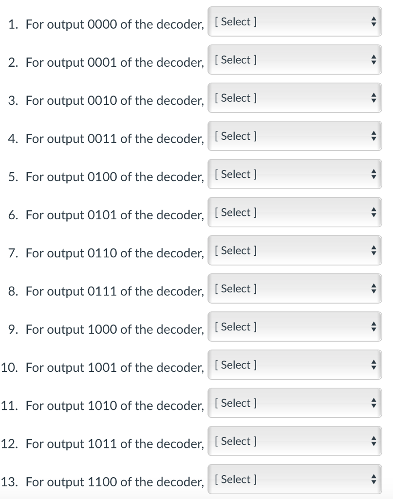 Solved 13. For output 1100 of the decoder, [Select ] 14. | Chegg.com