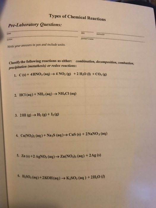 Solved Types of Chemical Reactions PreLaboratory Questions