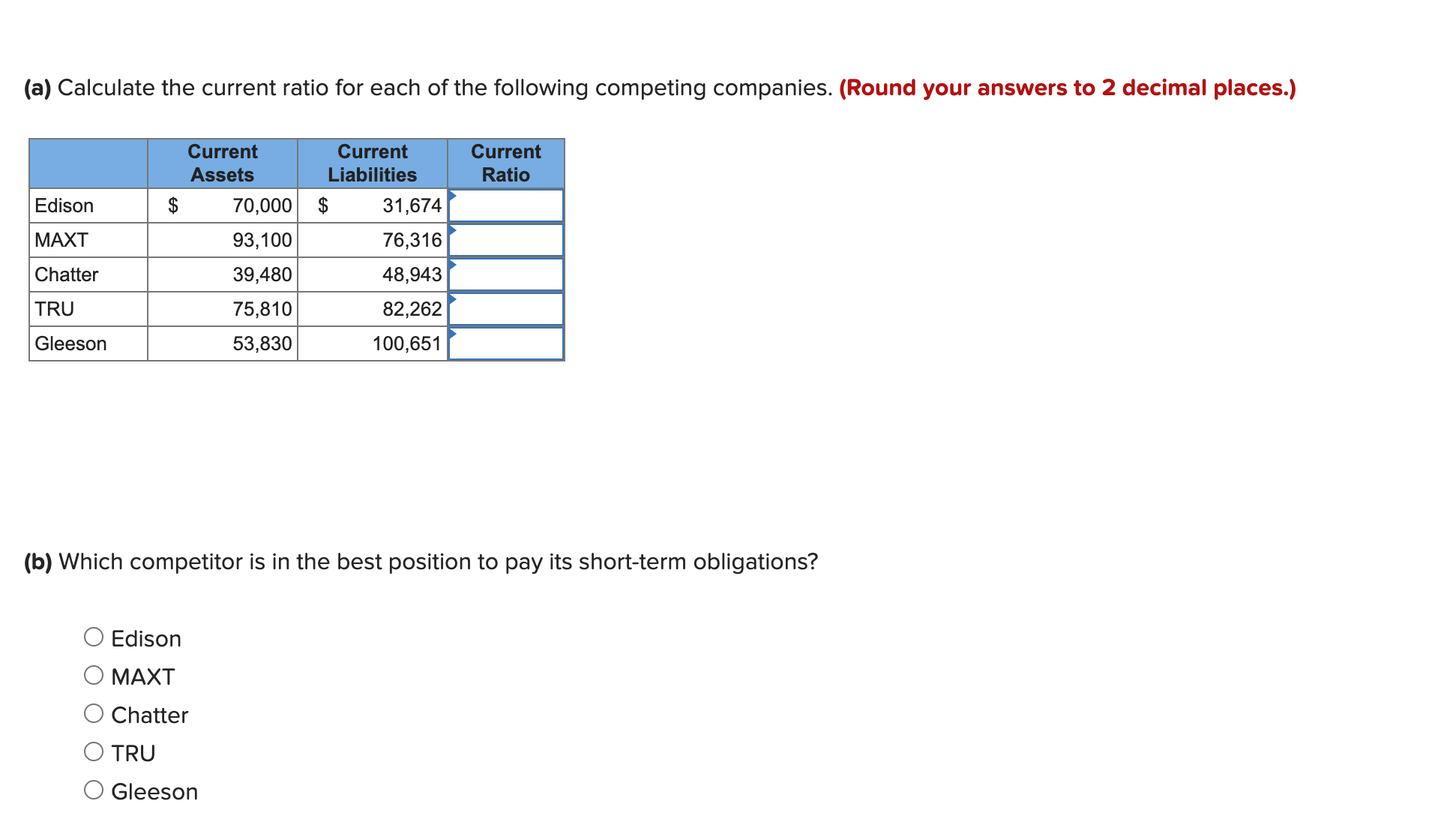 Solved A Calculate The Current Ratio For Each Of The Chegg Com