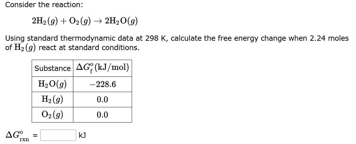 Consider the reaction:
2H?(g) + O2(g) ? 2H?O(g)
Using standard thermodynamic data at 298 K, calculate the free energy change 