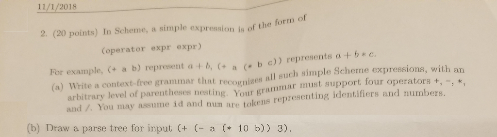 Solved 11/1/2018 of 2. (20 points) In Scheme, a simple | Chegg.com