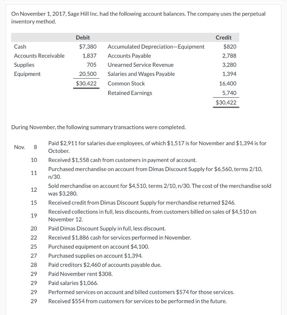 Solved On November 1, 2017, Sage Hill Inc. had the following | Chegg.com