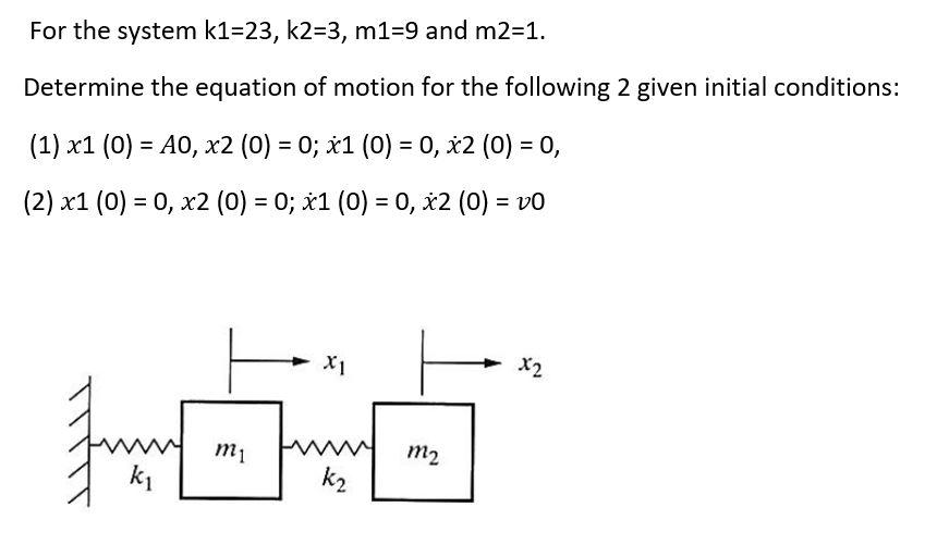 For the system \( k 1=23, k 2=3, m 1=9 \) and \( m 2=1 \).
Determine the equation of motion for the following 2 given initial