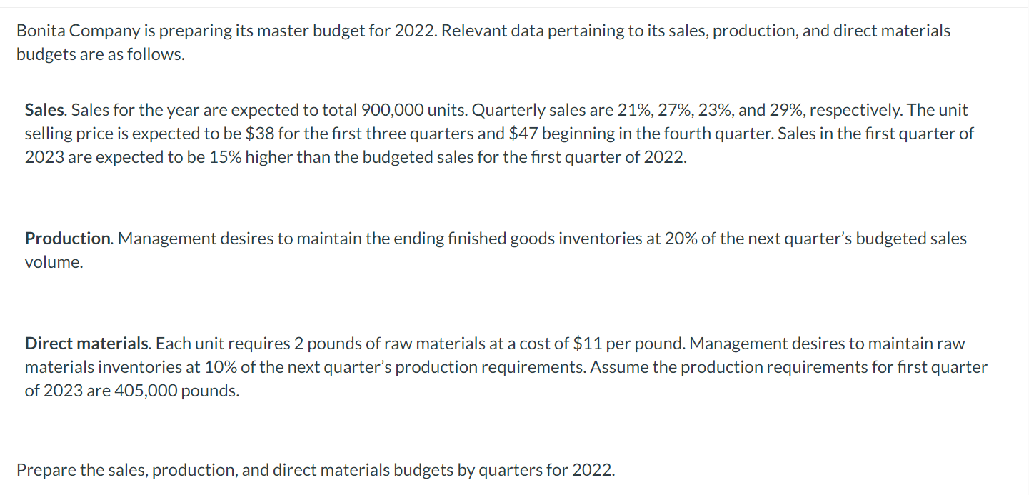 Solved Bonita Company is preparing its master budget for | Chegg.com