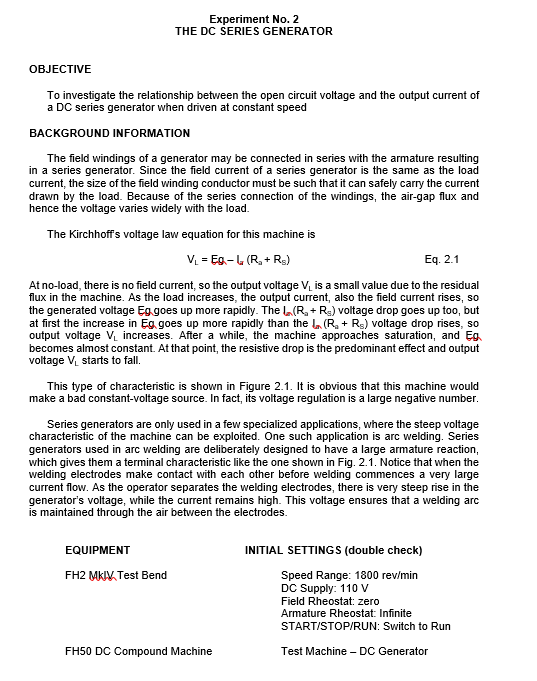 Solved Experiment No. 2 THE DC SERIES GENERATOR OBJECTIVE To | Chegg.com