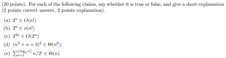 Solved (20 points). For each of the following claims, say | Chegg.com
