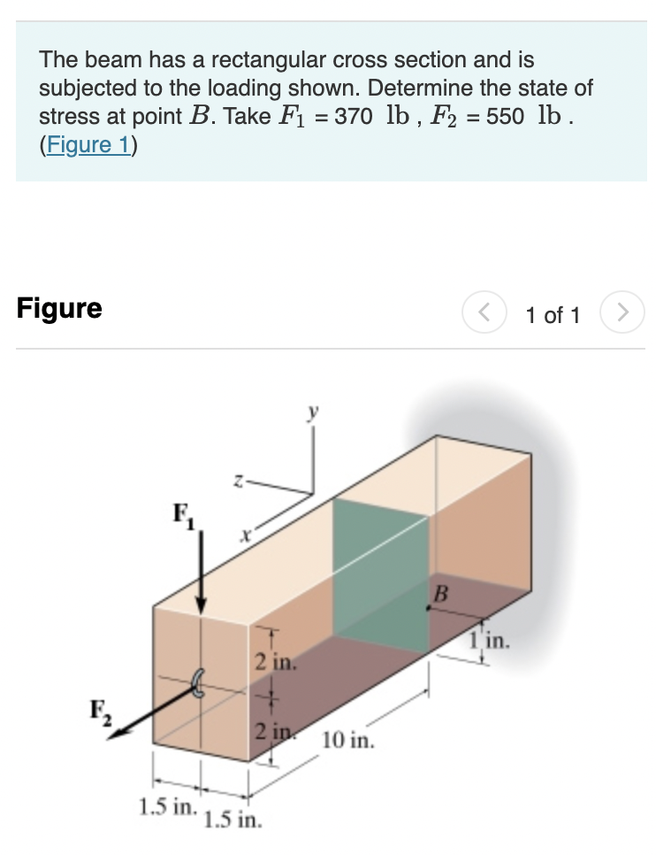 The beam has a rectangular cross section and is subjected to the loading shown. Determine the state of stress at point \( B \