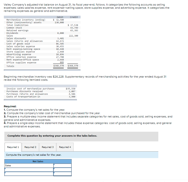 Solved Valley Company's adjusted trial balance on August 31, | Chegg.com