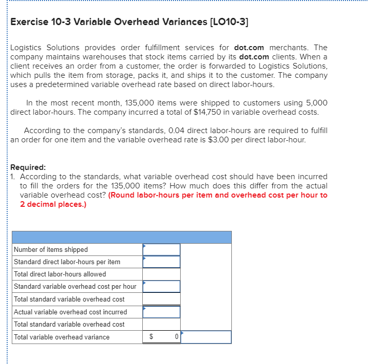 Solved Exercise 10-3 Variable Overhead Variances [LO10-3] | Chegg.com