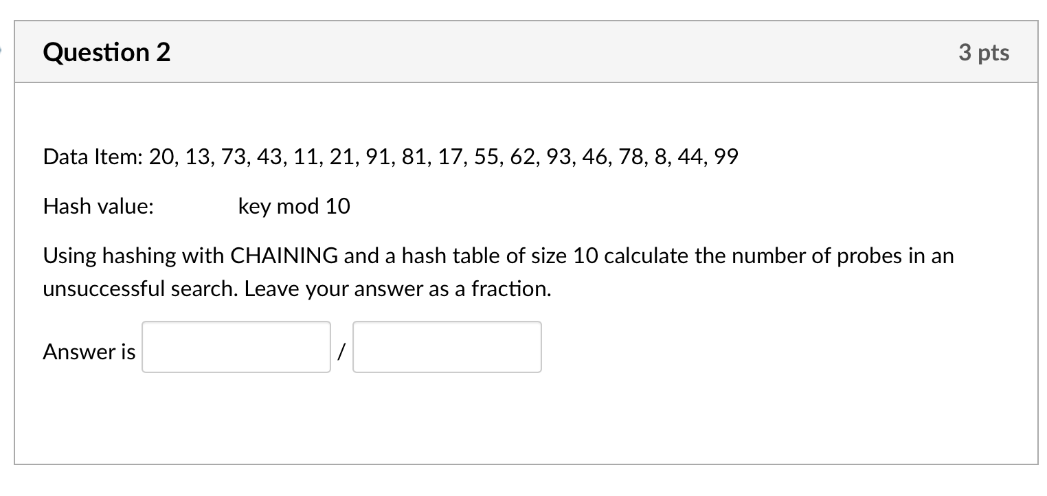 Solved Question 1 3 pts Data Item: 20, 13, 73, 43, 11, 21, | Chegg.com