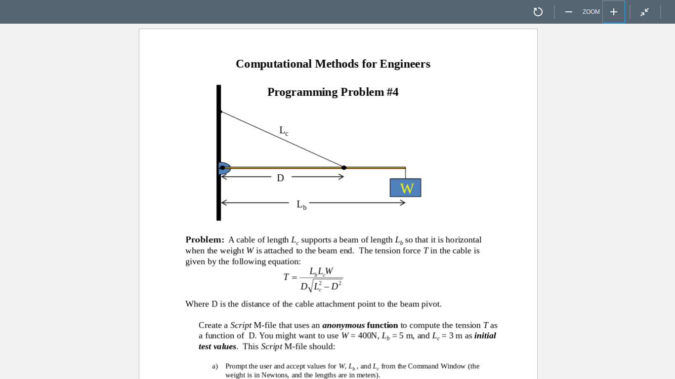 Solved MATLAB Problem: A Cable Of Length Lc Supports A Beam | Chegg.com