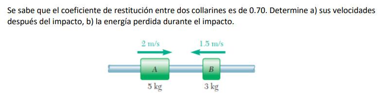 Se sabe que el coeficiente de restitución entre dos collarines es de \( 0.70 \). Determine a) sus velocidades después del imp